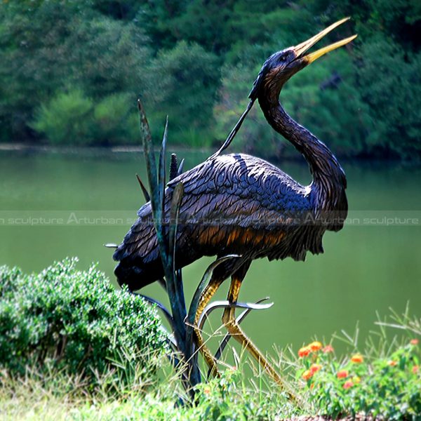 bronze heron garden ornament