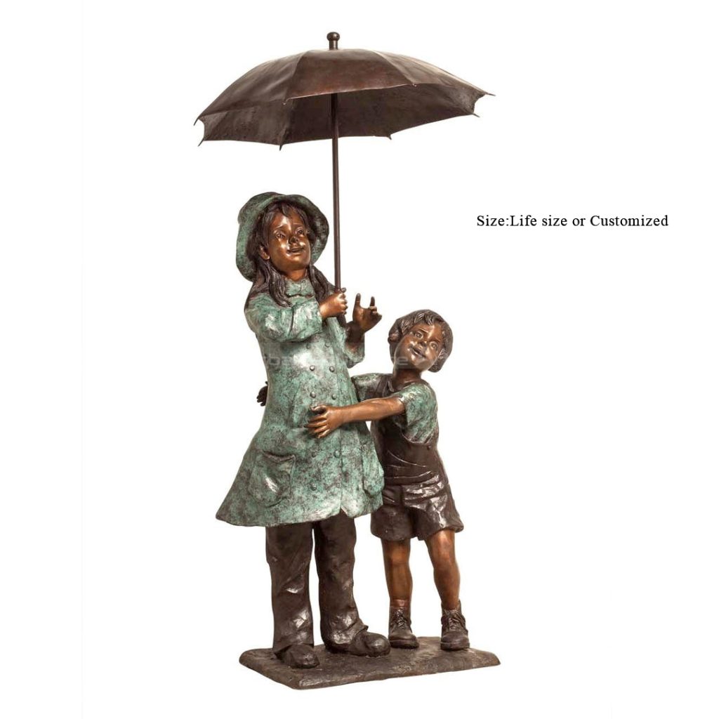 boy and girl under umbrella fountain