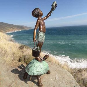 Boy on Turtle Holding Frog Bronze Fountain Statue