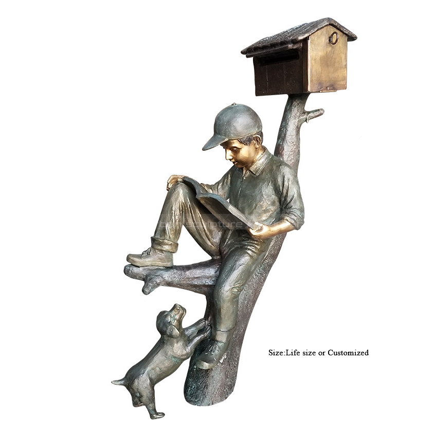 mailbox boy reading book sculpture