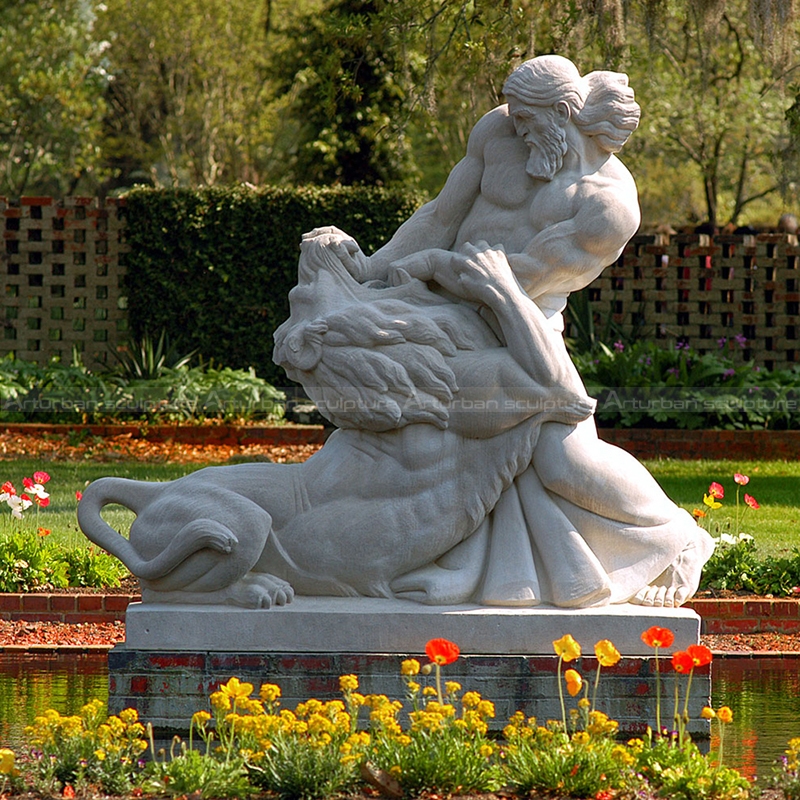 man fighting lion statue