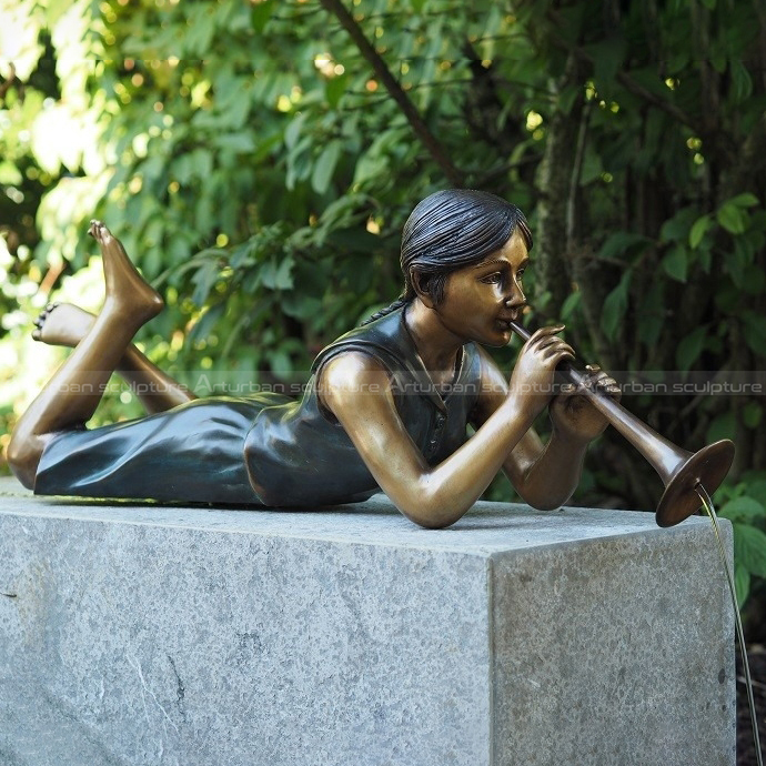 Bronze Lying Girl Playing Flute Fountain