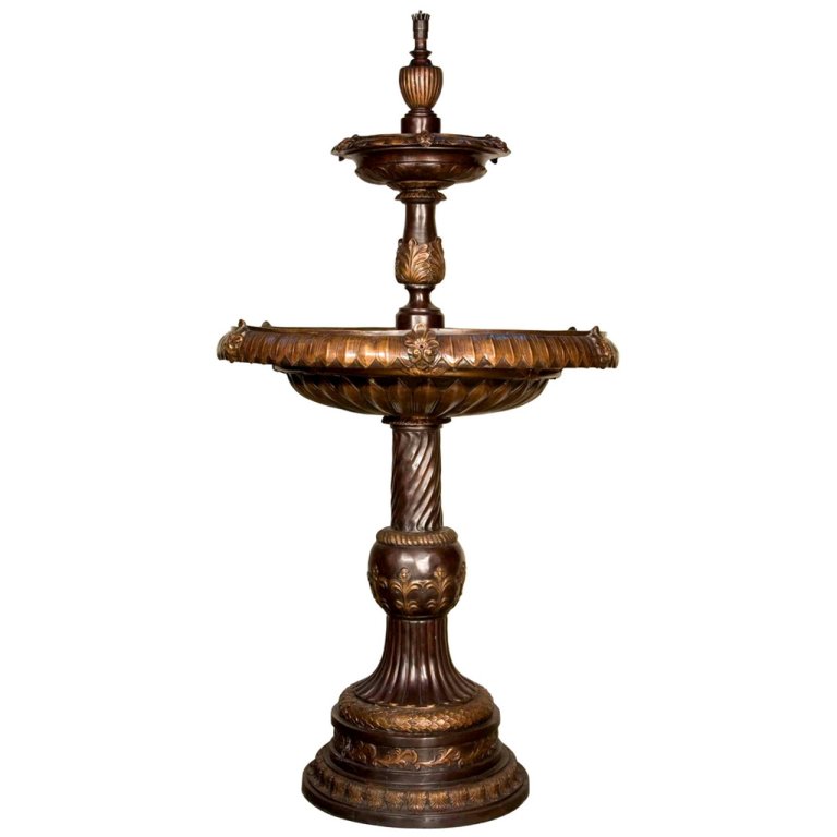 Bronze 2 Tier Garden Fountain with ornate leaf patterns and vintage classical design