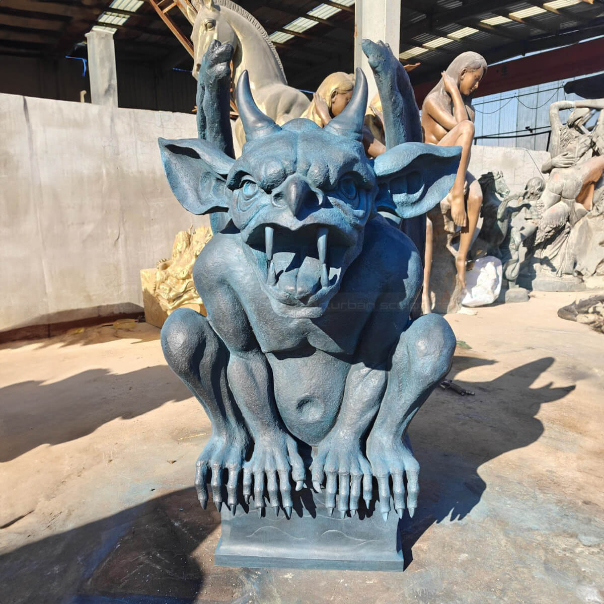bronze Gargoyle Lawn Statue with angry face