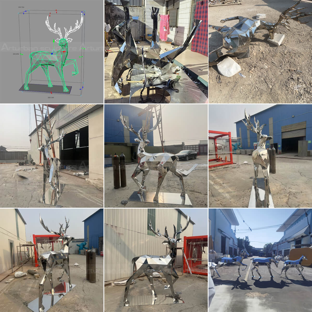 A collage showing the geometric mirror stainless steel deer metal sculpture