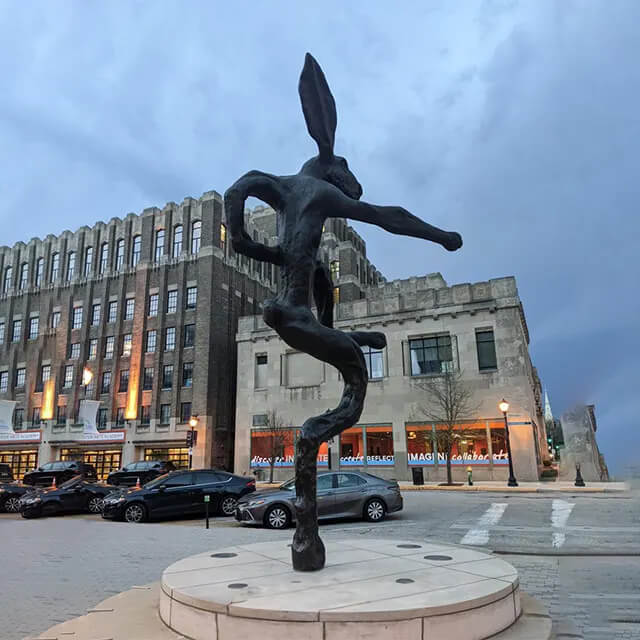 Barry Flanagan Hare Sculptures depicting the hare in an energetic stance with large ears and long limbs