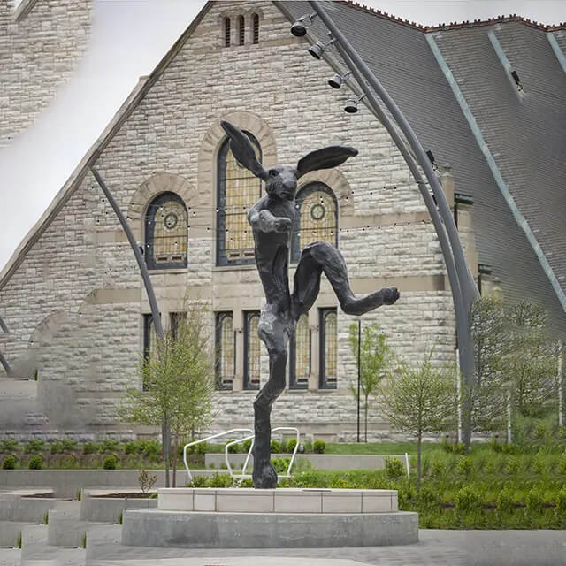 Barry Flanagan bronze Hare Sculptures with the hare poised in an upright stance