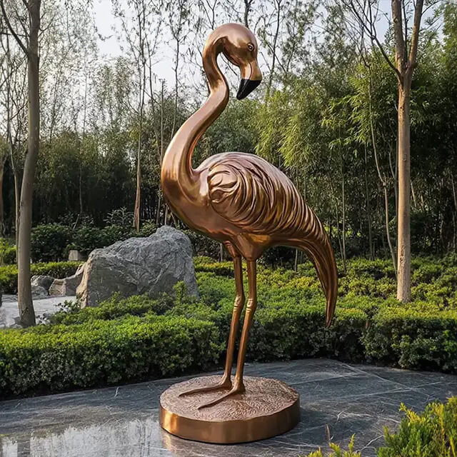 Bronze Flamingo Sculpture in a turned head pose