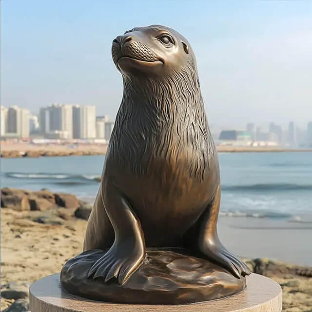 Bronze Sea Lion in a half-reclining posture statue looking to the side