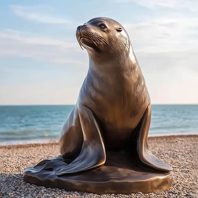 Bronze Sea Lion statue looking to the side