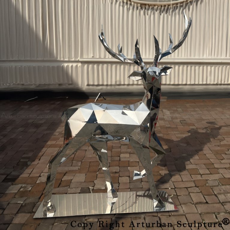 Low poly stainless steel Large Metal Deer Sculpture with one leg slightly raised