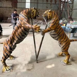 Resin Tiger Statue for Sale showing two Two Bengal tigers in a dynamic face-off pose