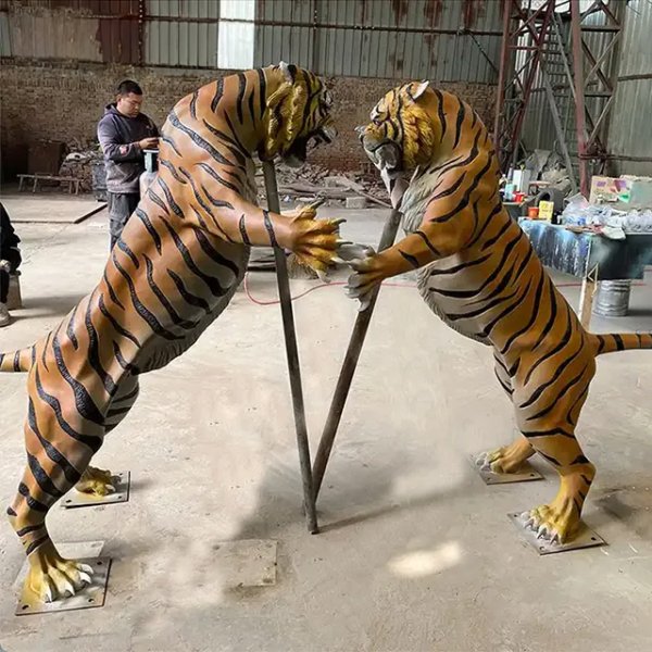 Resin Tiger Statue for Sale showing two Two Bengal tigers in a dynamic face-off pose
