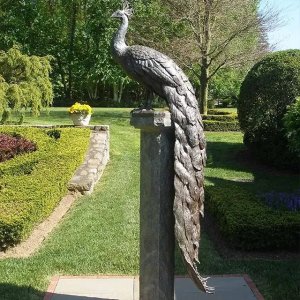 bronze Peacock Yard Ornament with copper patina
