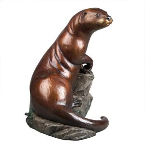 bronze River Otter Sculpture standing on rocky base