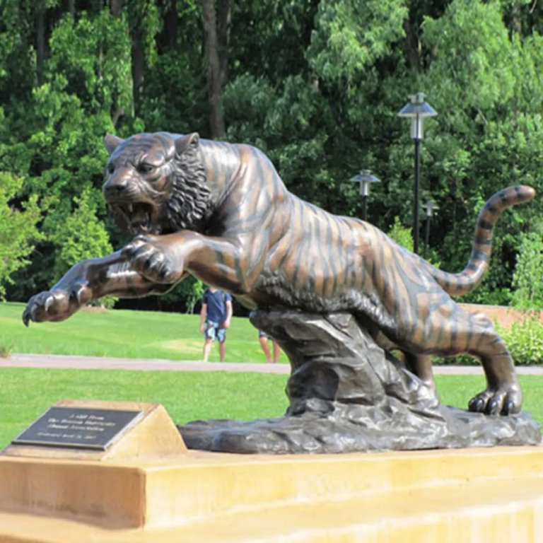 bronze Tiger Sculpture Outdoor in a dynamic, leaping pose