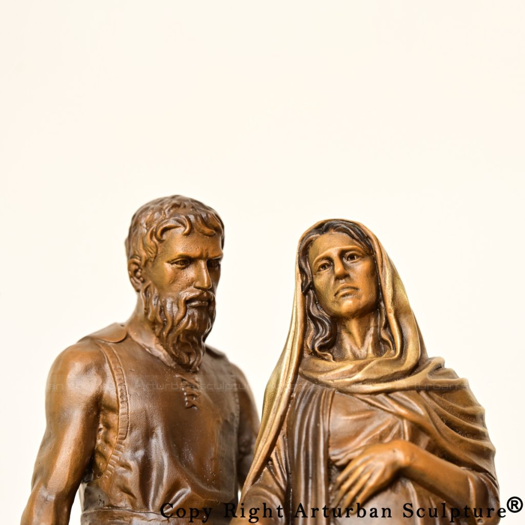 Close-up of Mary and Joseph's upper bodies and facial expression bronze statue