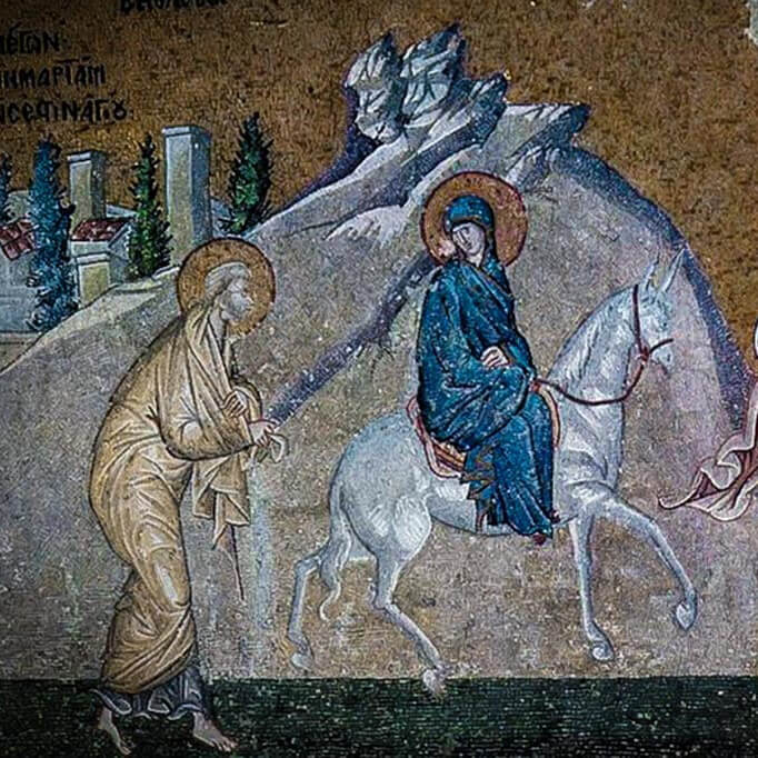 Statue of pregnant Mary with Joseph beside her