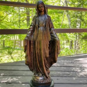 Bronze Miraculous Virgin Mary Statue standing with open arms and a serpent underfoot