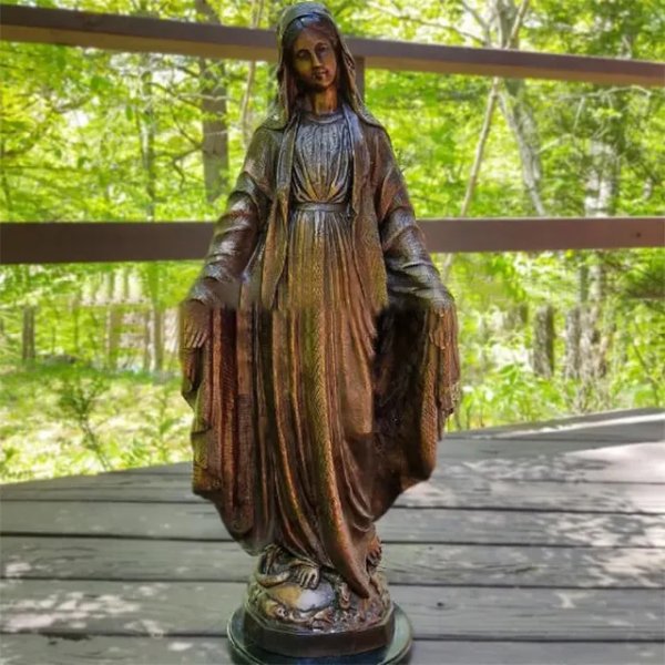 Bronze Miraculous Virgin Mary Statue standing with open arms and a serpent underfoot