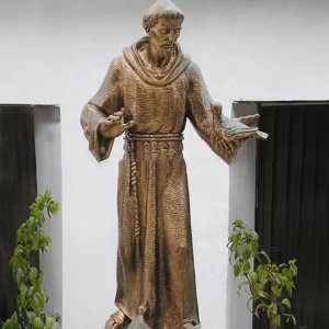 Bronze St Francis Assisi Garden Statue with a bird in his hand