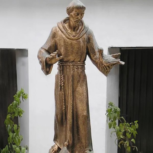 Bronze St Francis Assisi Garden Statue with a bird in his hand
