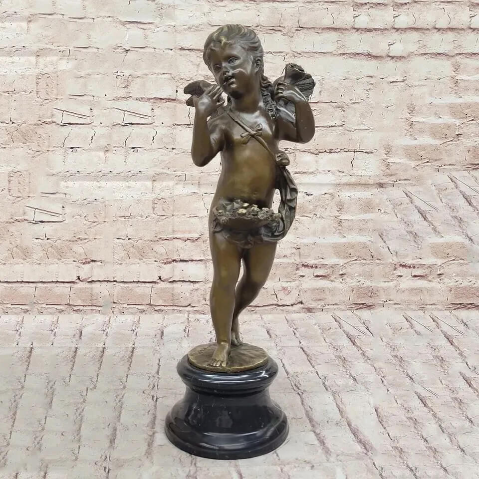 Front-facing Bronze Cherub Sculpture with a sweet expression, holding a flower and carrying a delicate basket