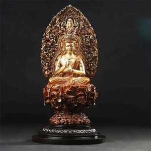 Front view of a bronze Vairocana Statue seated on a lotus pedestal, with hands forming the Vajra Mudra