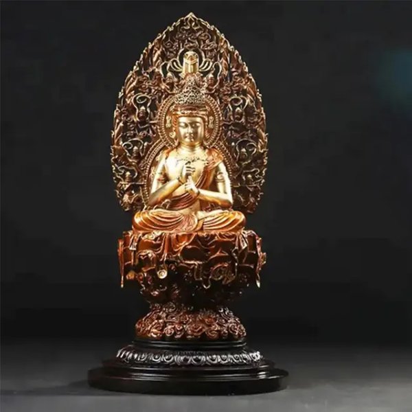 Front view of a bronze Vairocana Statue seated on a lotus pedestal, with hands forming the Vajra Mudra