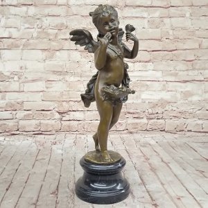 Playful Bronze Cherub Sculpture featuring a barefoot cherub holding a flower
