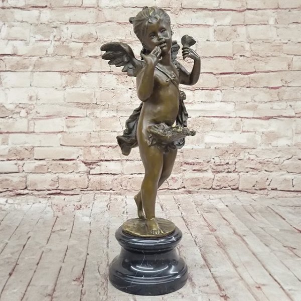 Playful Bronze Cherub Sculpture featuring a barefoot cherub holding a flower
