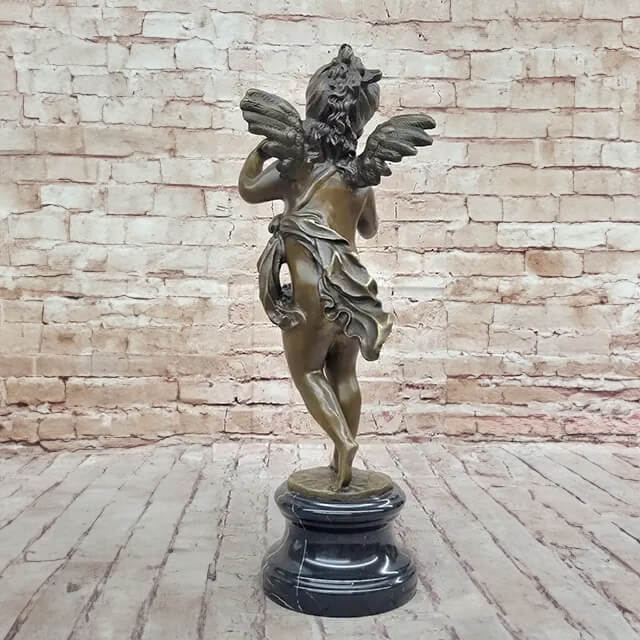 Rear view of a Bronze Cherub Sculpture showcasing detailed wings, flowing hair