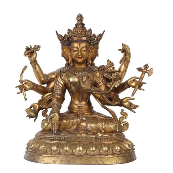 Tibetan Bronze Buddha Statue of Avalokiteshvara with four faces and eight arms seated on a lotus base