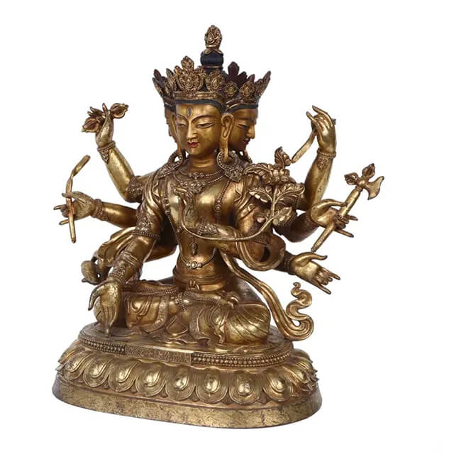 Tibetan Bronze Buddha Statue showing Avalokiteshvara’s elaborate crown, facial expressions, and eight arms