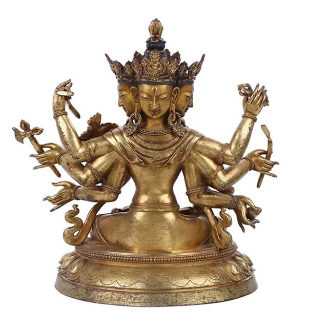 back view of Tibetan Bronze Buddha Statue of the multi-armed Avalokiteshvara holding symbolic ritual objects
