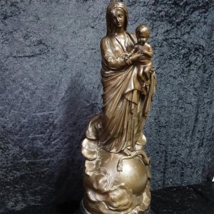 bronze Madonna and Child Sculpture standing on a globe with a serpent