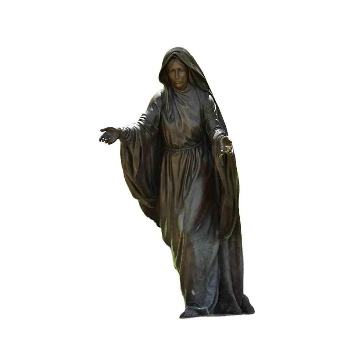 bronze Virgin Mary lawn statue standing barefoot with open arms and long robe