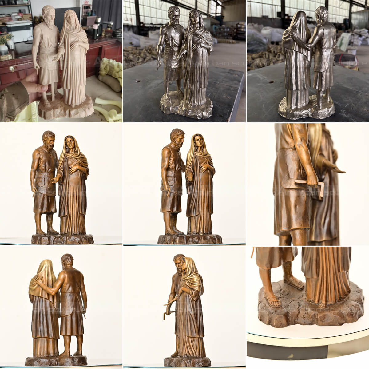 collage of Joseph and Mary sculptures, captured from various angles to highlight details