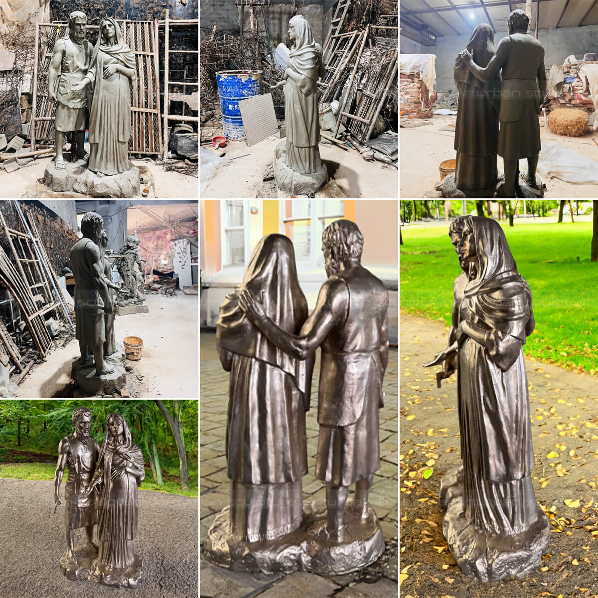 collage of clay and bronze statue of Joseph and pregnant Mary from different angles