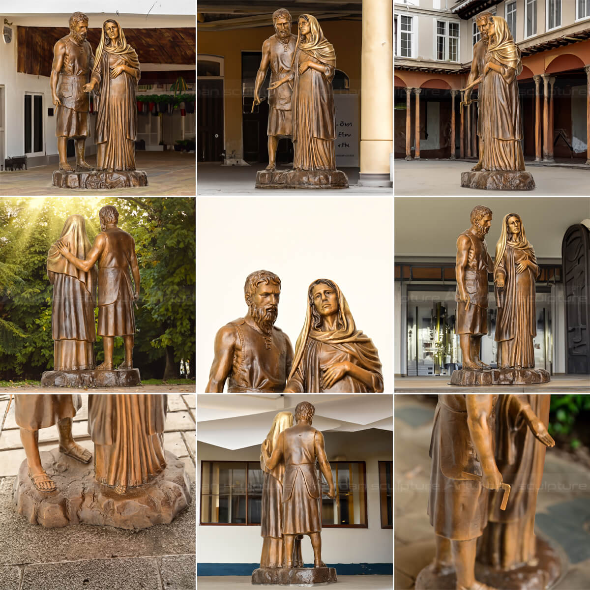 collage of different angles of bronze pregnant mary with st joseph statue