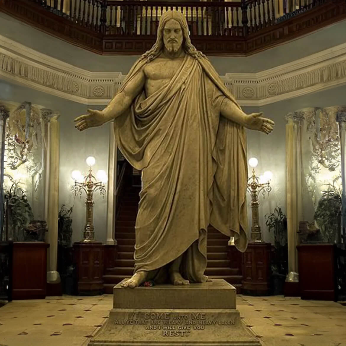 Bertel Thorvaldsen Jesus Statue standing in an ornate hall, featuring classical drapery and outstretched arms