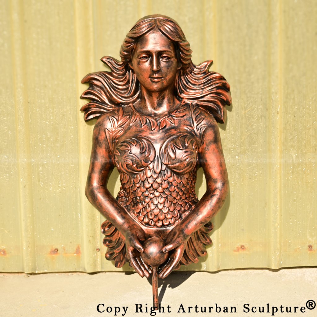 Front view of Mermaid Bronze wall fountain featuring detailed scale patterns