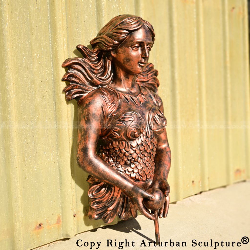 Mermaid Bronze wall fountain sculpture with flowing hair and pearl-like water outlet