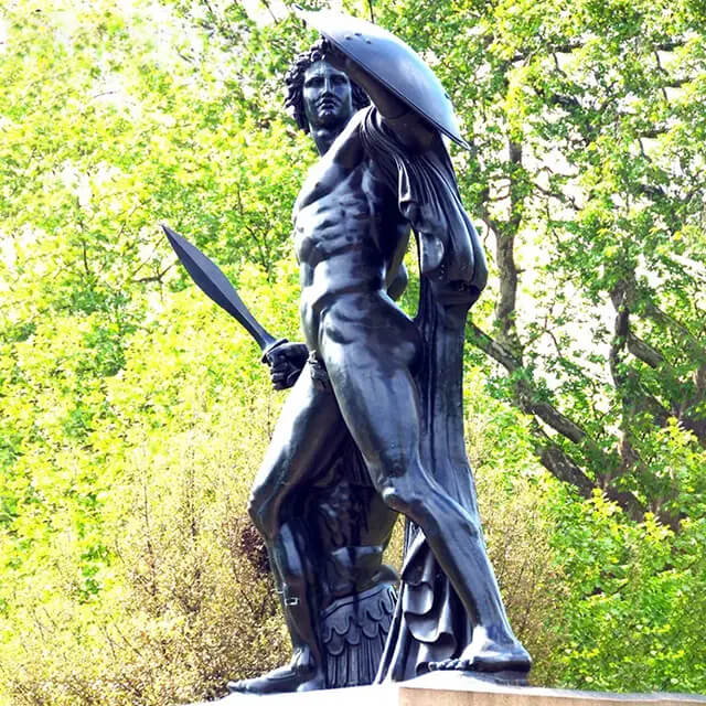 Achilles Bronze Statue capturing the muscular form and the dynamic pose with sword and shield