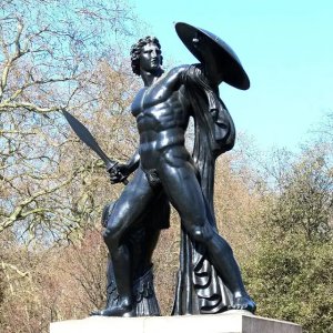 Achilles Bronze Statue emphasizing the powerful stance and sculpted anatomy of the mythological hero