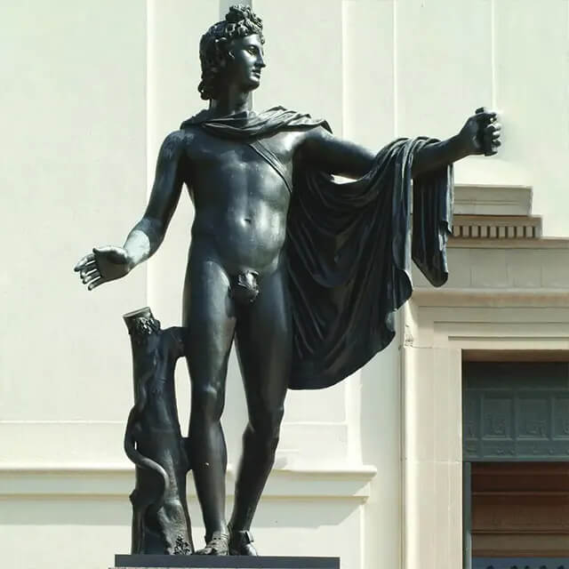 Apollo Belvedere Bronze figure displaying fine details of Greek god beauty