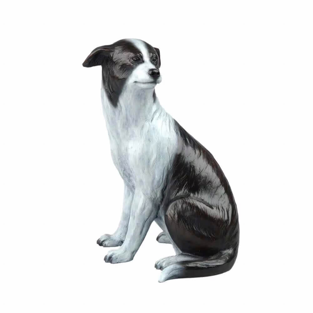 Border Collie Bronze Statue featuring a seated black and white dog with lifelike fur texture