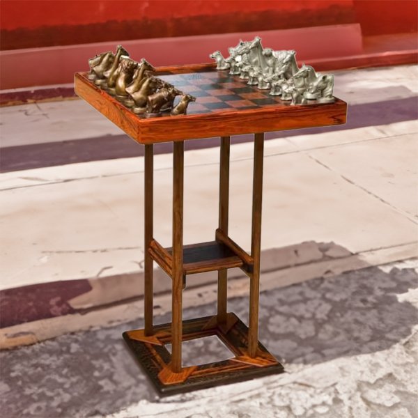 Bronze Chess Board sculpture with bronze African animal chess pieces on a wooden board and tall wood pedesta