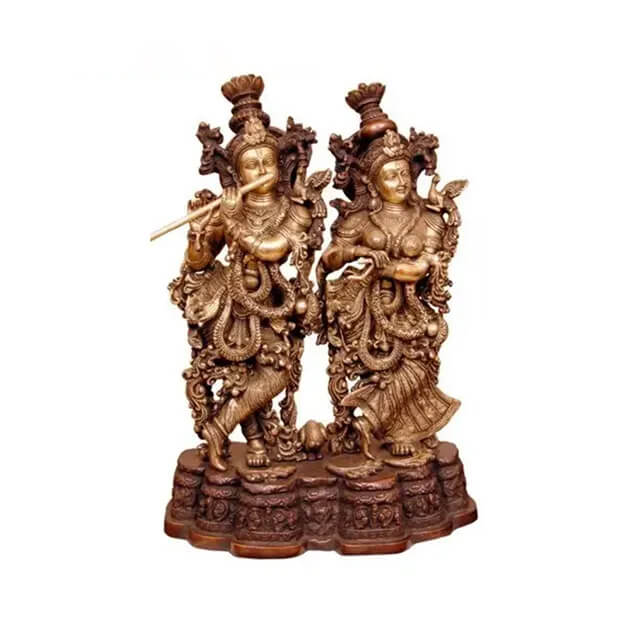 Bronze Radha Krishna Statue with Krishna playing flute and Radha standing gracefully beside him