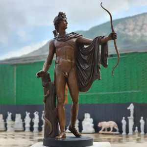 Bronze apollo Belvedere Sculpture standing in a contrapposto pose, holding a bow in his left hand